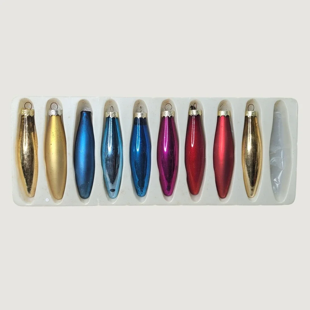 Vintage Glass Christmas Ornaments Teardrop Torpedo Jewel Tone Mixed Set of 9